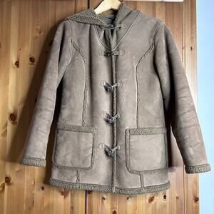 Vintage L.L. Bean Sherpa Lined Suede Toggle Coat Women’s Small Hooded Brown Barn